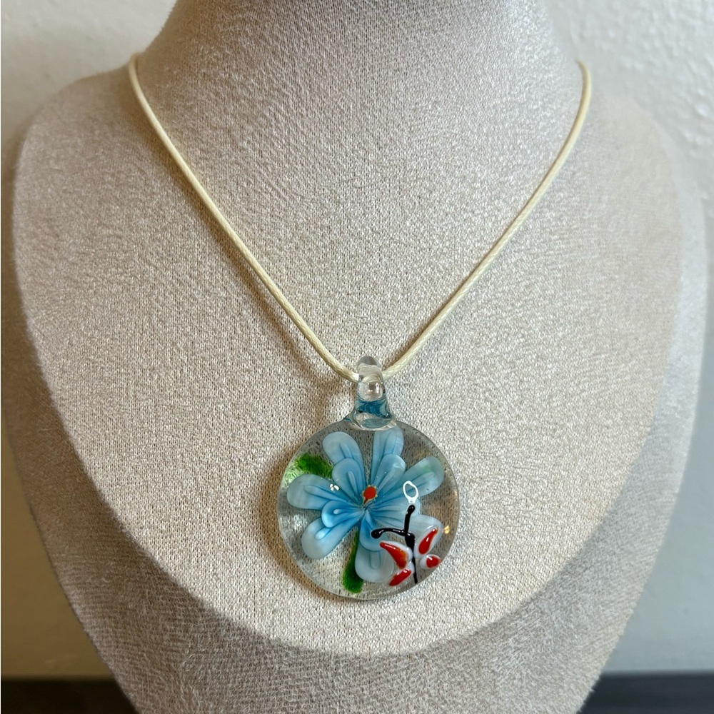 Blue Flower/Butterfly Blown Glass Necklace